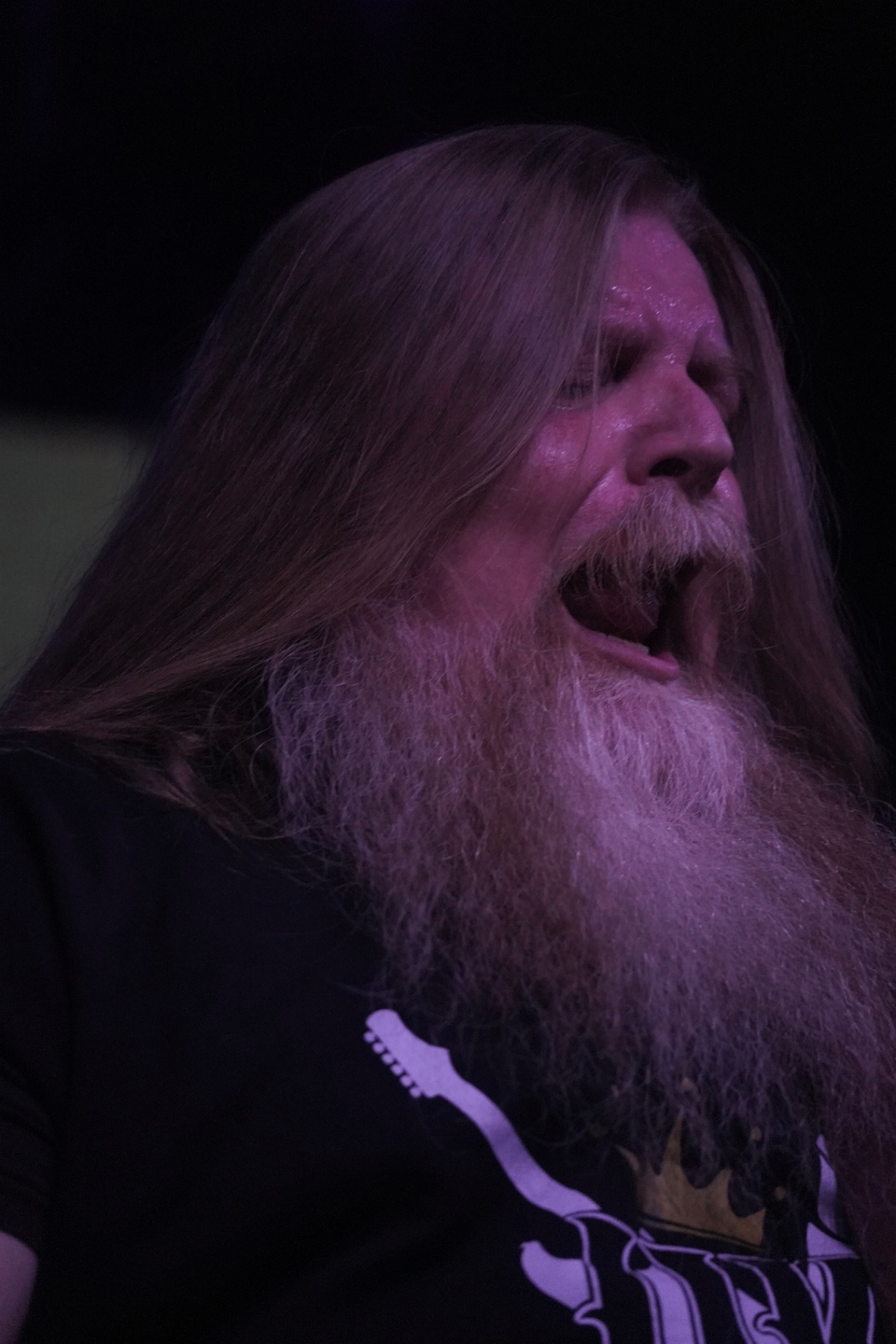 Long-bearded guitarist screaming under magenta light